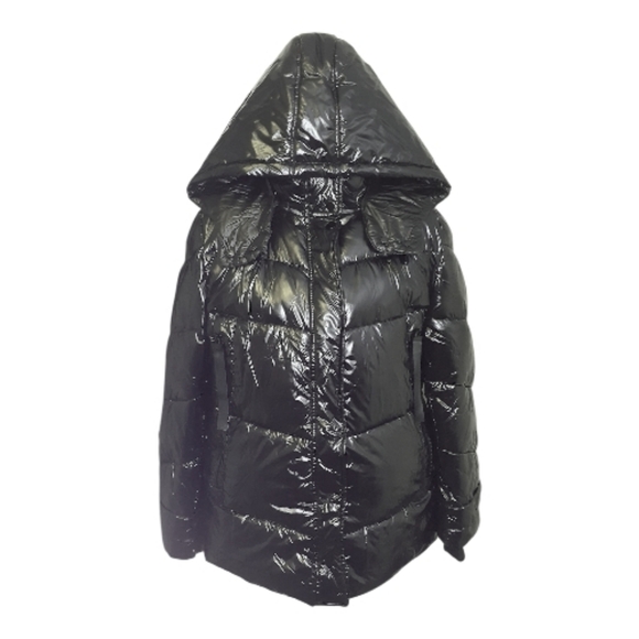 Kensie Black Puffer Jacket With Hood Wet Look Glossy - Picture 2 of 12